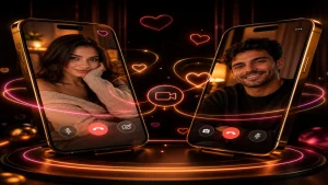 Random video call concept with a man and woman on separate phones surrounded by neon hearts and gold OilyCam-style accents