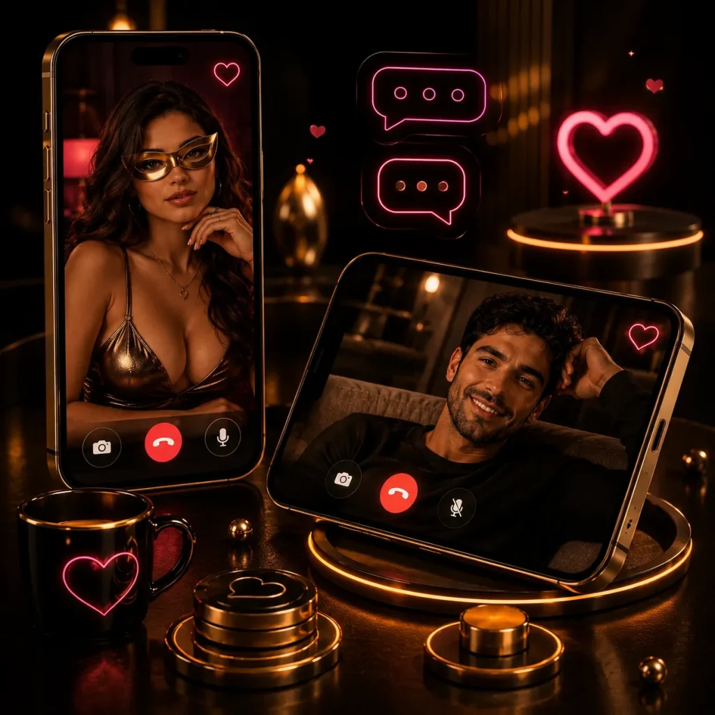 Random video call scene with a woman in gold glasses and a man connecting through two phones in dark OilyCam-style lighting
