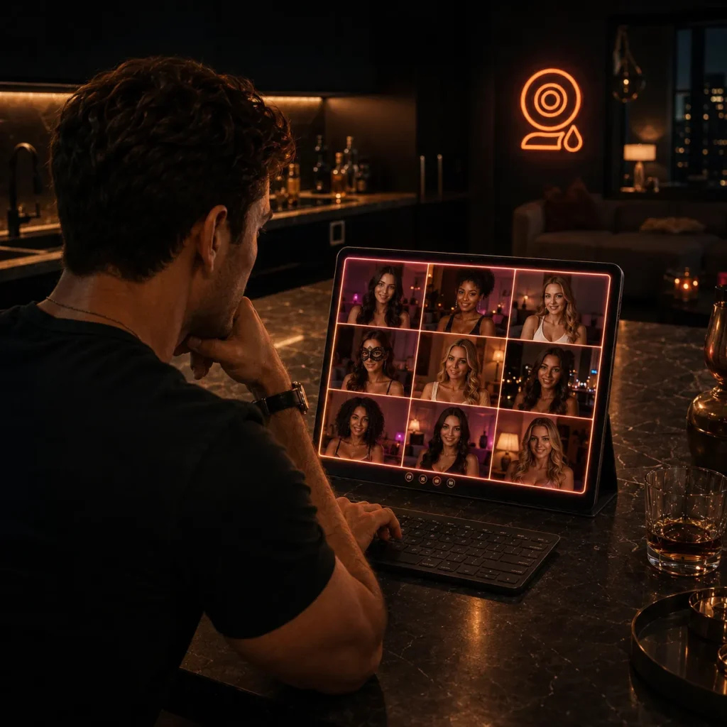 Random video call thumbnail showing a man using a detachable keyboard device with multiple women on live video chat screens