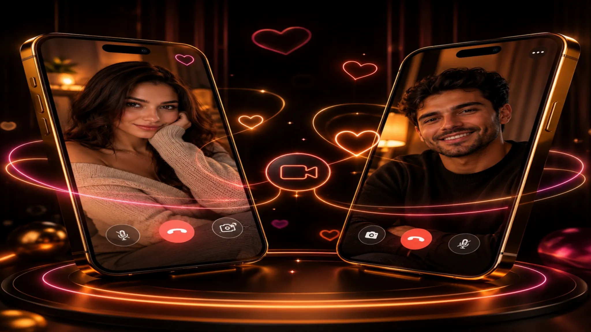Random video call concept with a man and woman on separate phones surrounded by neon hearts and gold OilyCam-style accents