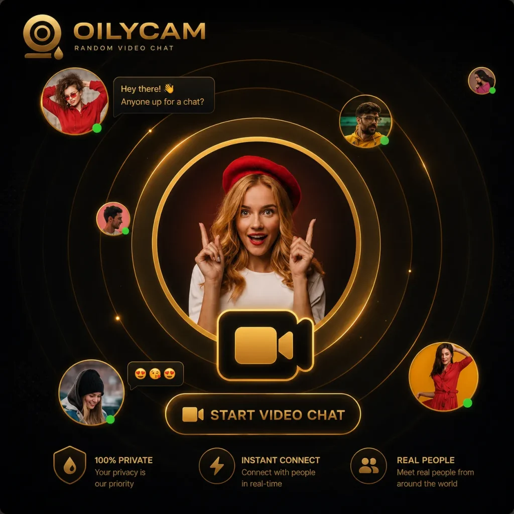 Random Video Calling App interface with OilyCam-style black gold design, glowing profile circles, and start video chat button.