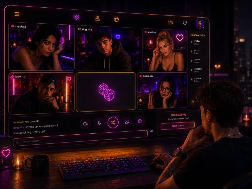 Random video chat with strangers dashboard showing a man chatting with different people through a premium neon chat-room interface