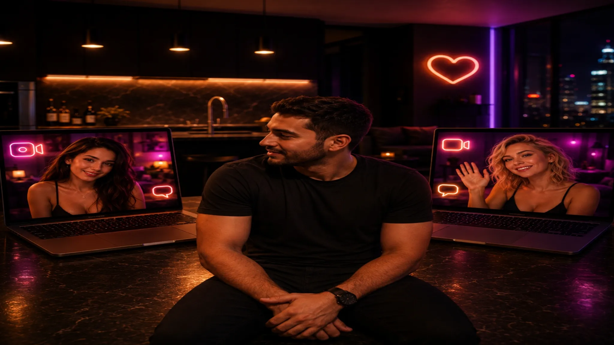 Random video chat with strangers showing a man between two laptops with women on video call screens in a neon OilyCam-style room