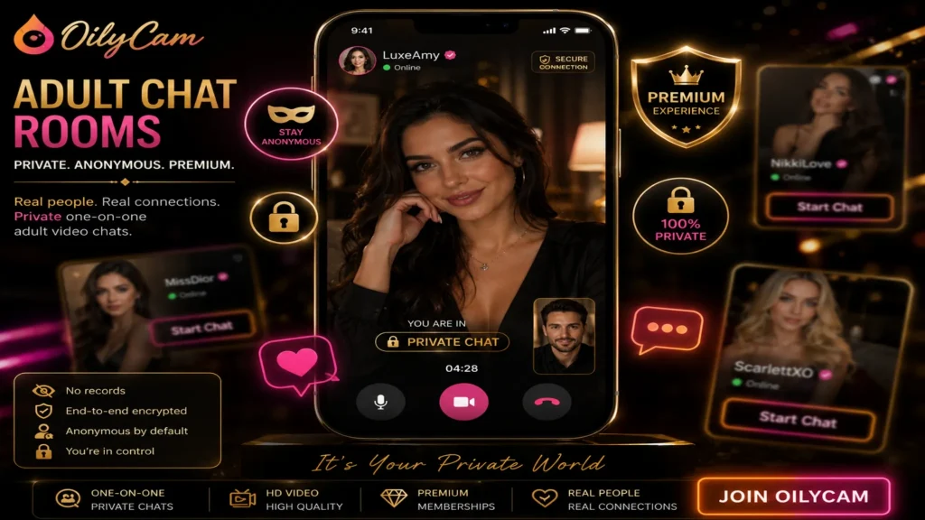 Sex chat rooms interface with private adult profile cards, video chat screens, lock icons, and dark OilyCam-style neon lighting
