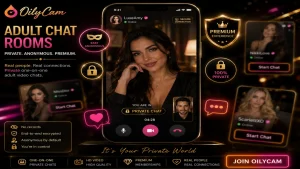 Sex chat rooms interface with private adult profile cards, video chat screens, lock icons, and dark OilyCam-style neon lighting