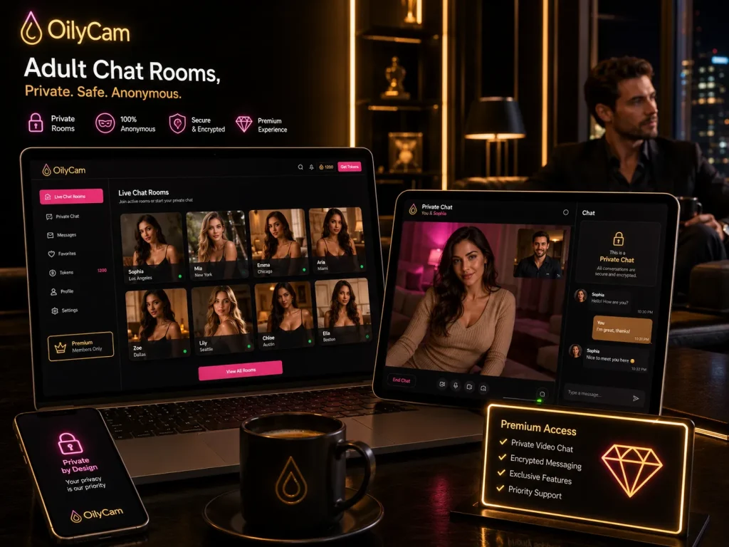 Sex chat rooms dashboard with premium black and gold OilyCam design, private chat panels, and adult profile grid