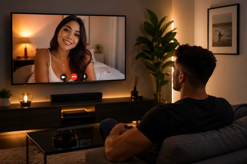 Single girl chat video call on a wall-mounted TV while a man watches from a cozy living room.