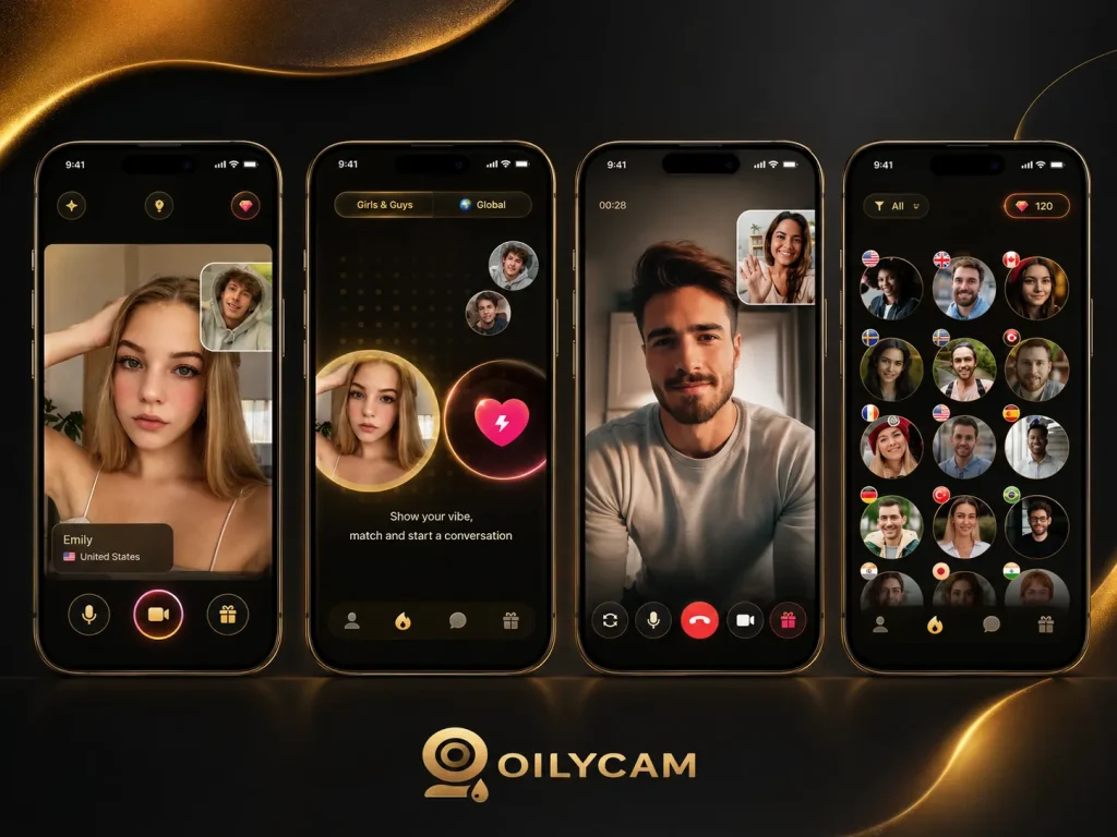 Stranger chat app preview with OilyCam-style black and gold phones showing random video chat screens
