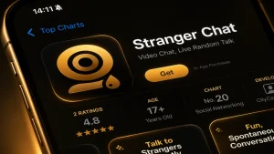 Stranger chat app store preview showing the OilyCam logo on a black and gold smartphone screen