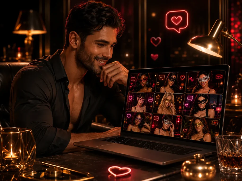 Stranger cam chat scene with a man viewing masked women on a laptop in a luxury dark OilyCam-style room