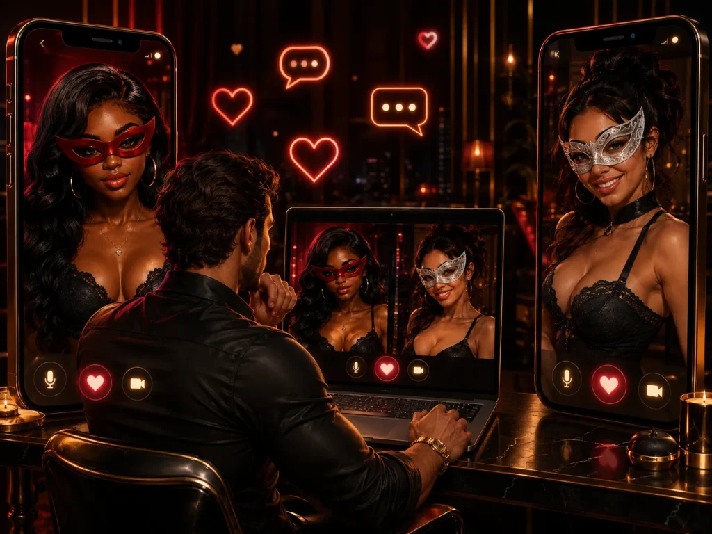 Stranger cam chat interface with a man interacting with two masked women on phone and laptop screens