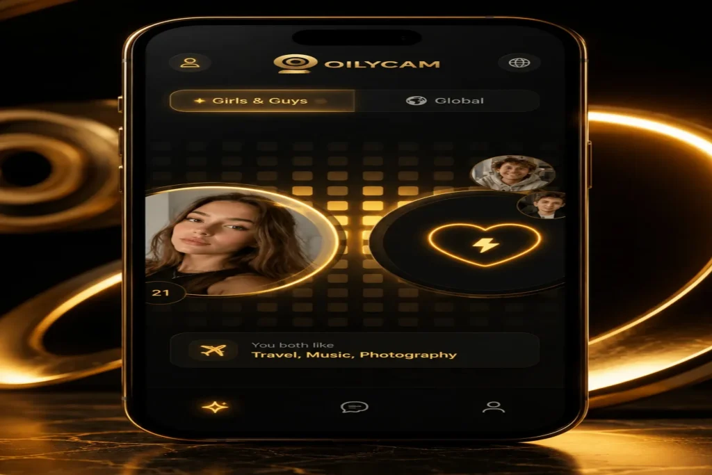 Stranger chat mobile interface with a gold OilyCam theme, profile circles, and video chat matching features