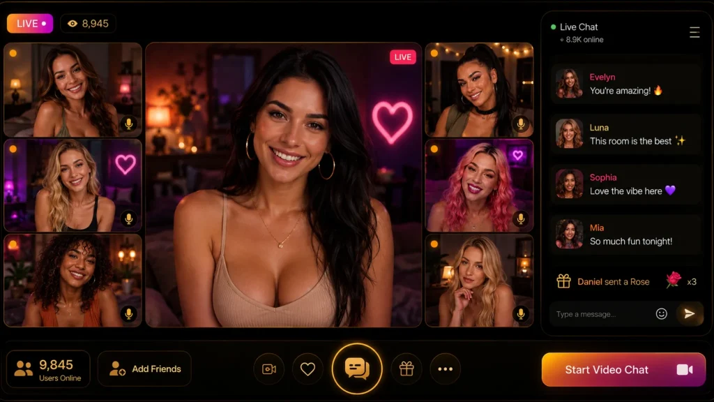 Stranger video chat interface showing multiple women in a live cam grid with dark neon OilyCam-style design