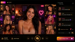 Stranger video chat interface showing multiple women in a live cam grid with dark neon OilyCam-style design