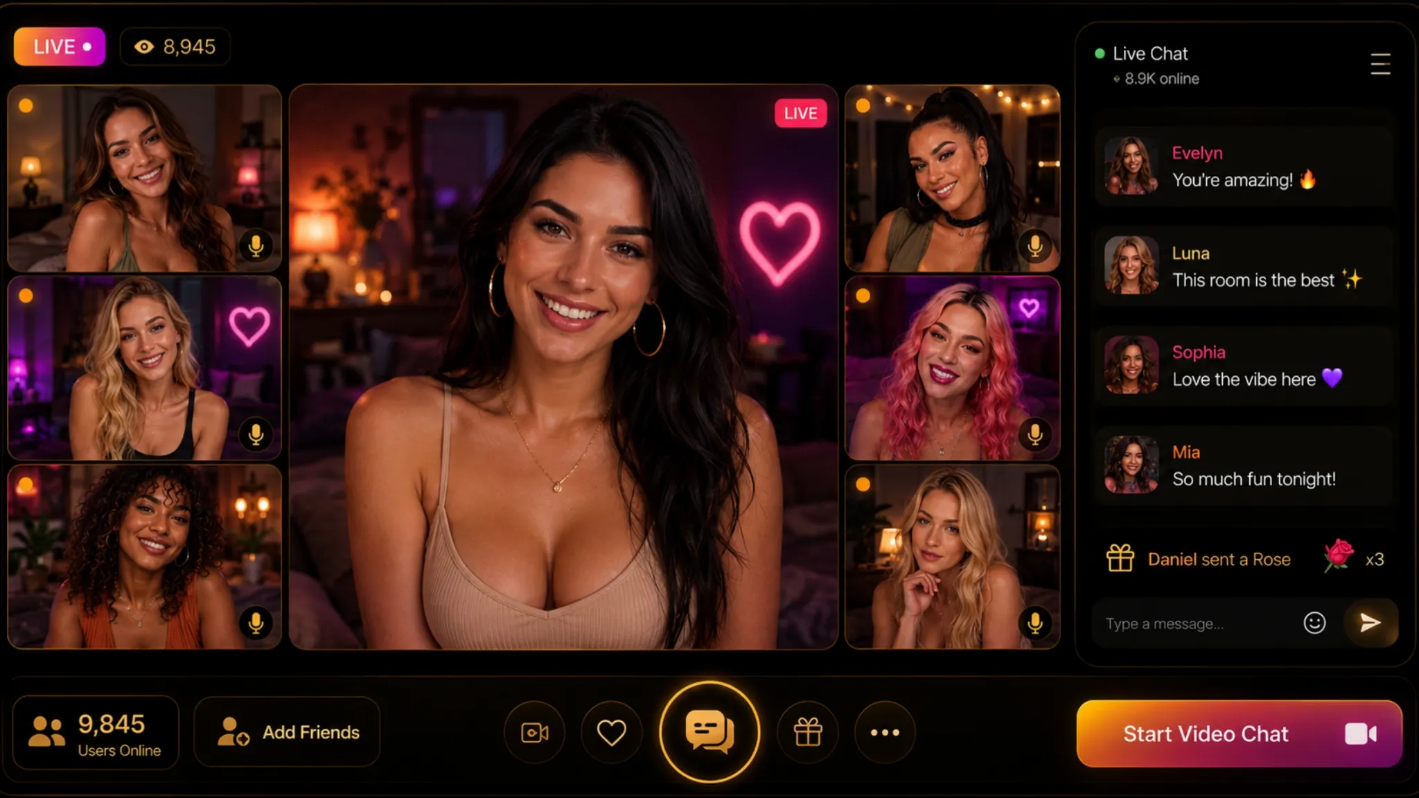 Stranger video chat interface showing multiple women in a live cam grid with dark neon OilyCam-style design