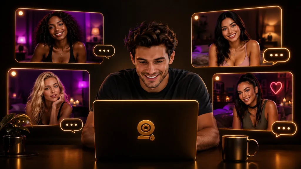 Stranger video chat scene with a man using a laptop while several women appear in glowing cam windows