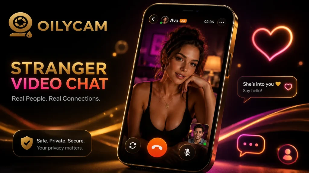 Stranger video chat app screen with a woman on cam, neon hearts, and dark gold OilyCam-style lighting