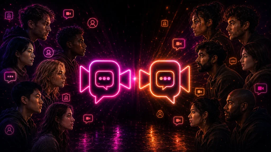 Random video chat with strangers concept with two glowing video chat icons facing groups of normal people in a dark neon scene