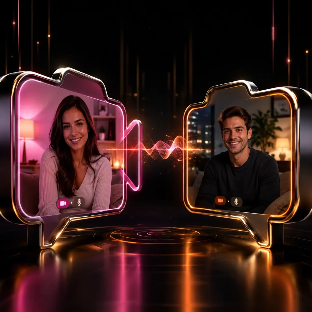 One-on-one cam concept with a woman and man inside separate video camera icons linked by neon pink and gold lighting