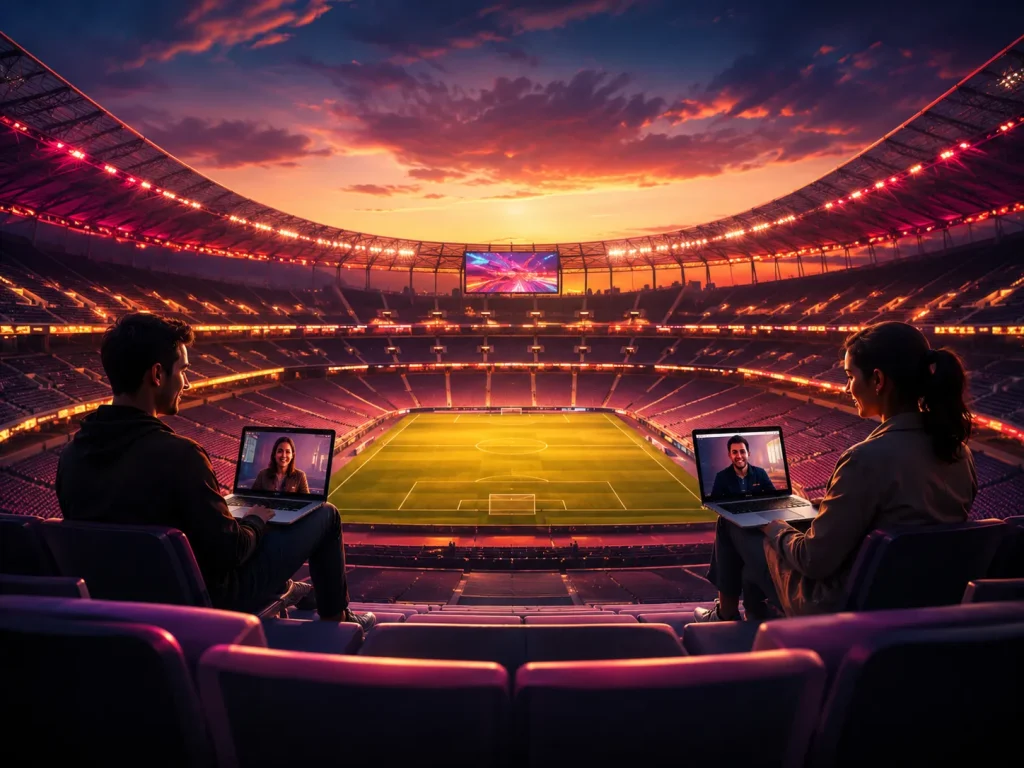 Man and woman sitting apart in a stadium while chatting through laptops in a talk to strangers video call