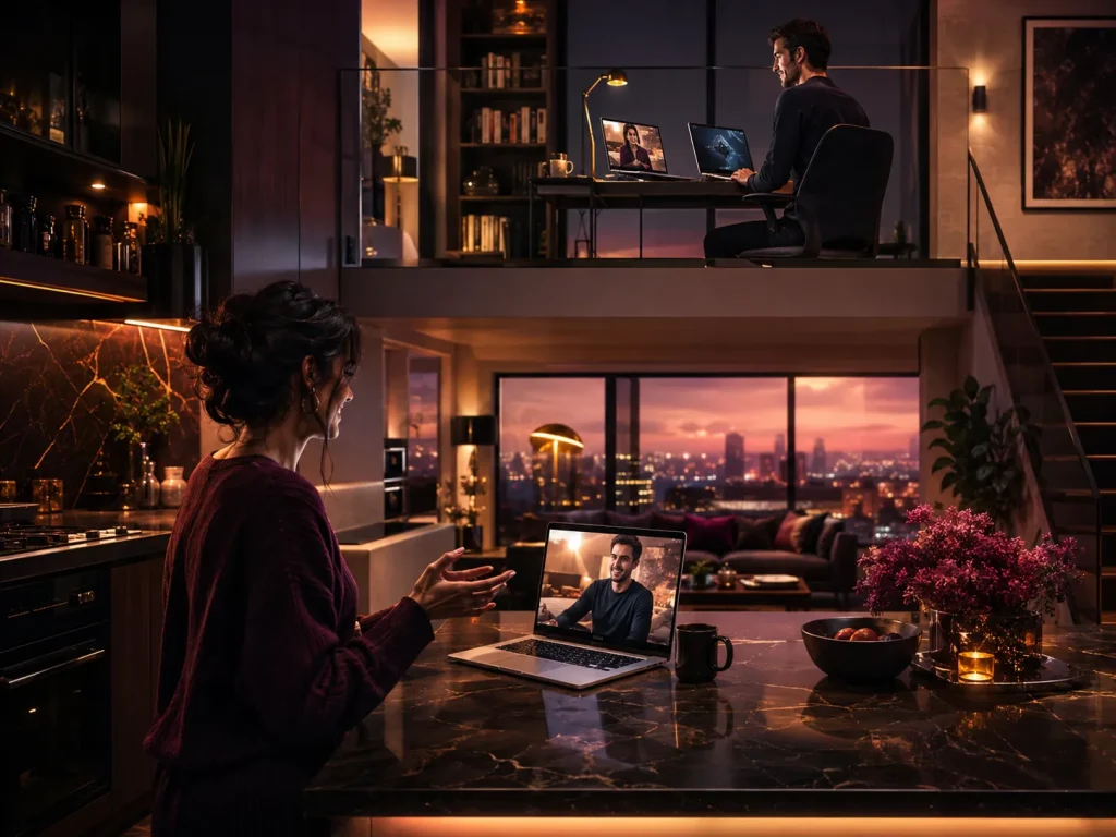Stylish home scene showing a woman in the kitchen and a man upstairs connected through a talk to strangers video call