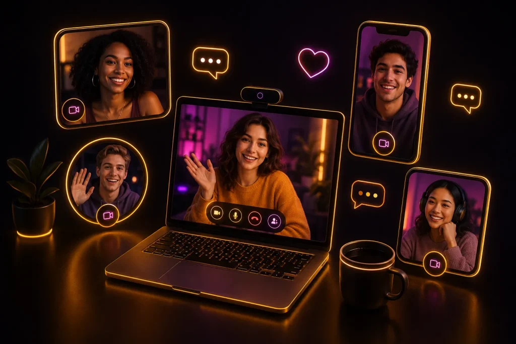 Talk to strangers online video concept with floating call screens, neon chat icons, and OilyCam-style lighting