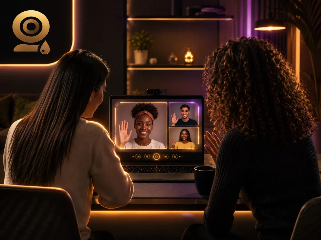 Talk to strangers online video scene with two women joining a warm OilyCam-style group video call