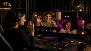 Talk to strangers online video setup showing a woman chatting through a dark gold desktop interface