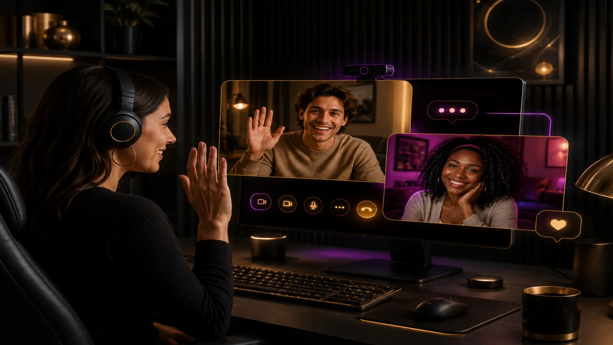 Talk to strangers online video setup showing a woman chatting through a dark gold desktop interface