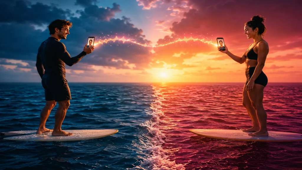 Woman and man on separate surfer boards using phones for a talk to strangers video call over the ocean