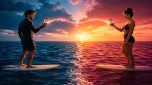 Woman and man on separate surfer boards using phones for a talk to strangers video call over the ocean