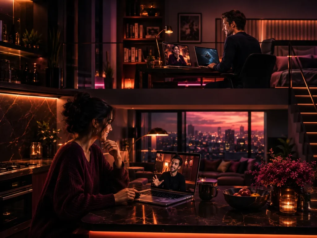 Talk with stranger concept showing a woman in a kitchen and a man upstairs connecting through laptops in a modern apartment