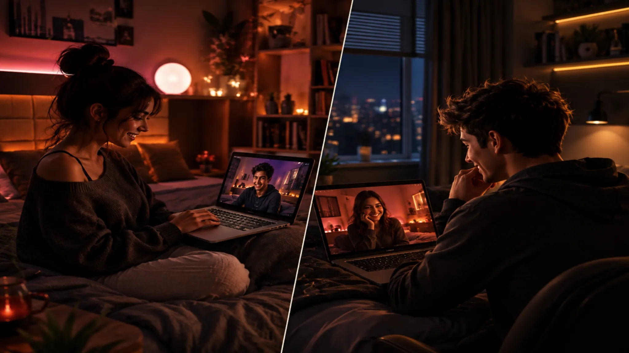 Talk with stranger video call showing two people chatting from separate cozy bedrooms on their laptops