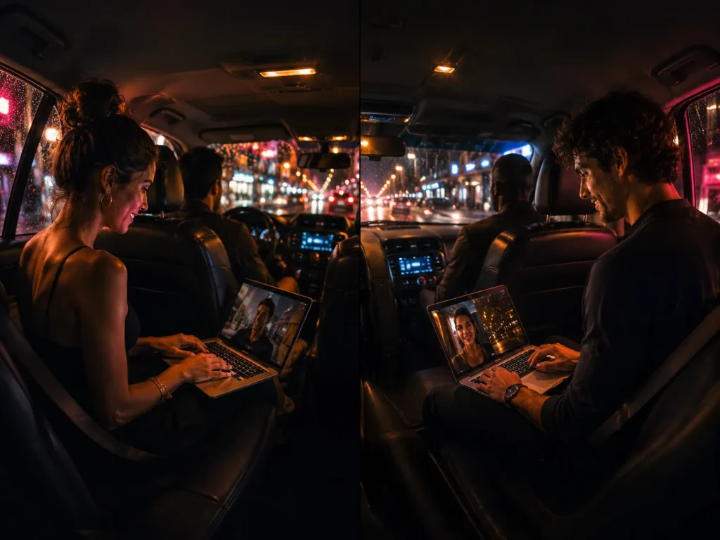 Talk with stranger scene with two passengers video chatting from the back seats of different Uber rides at night