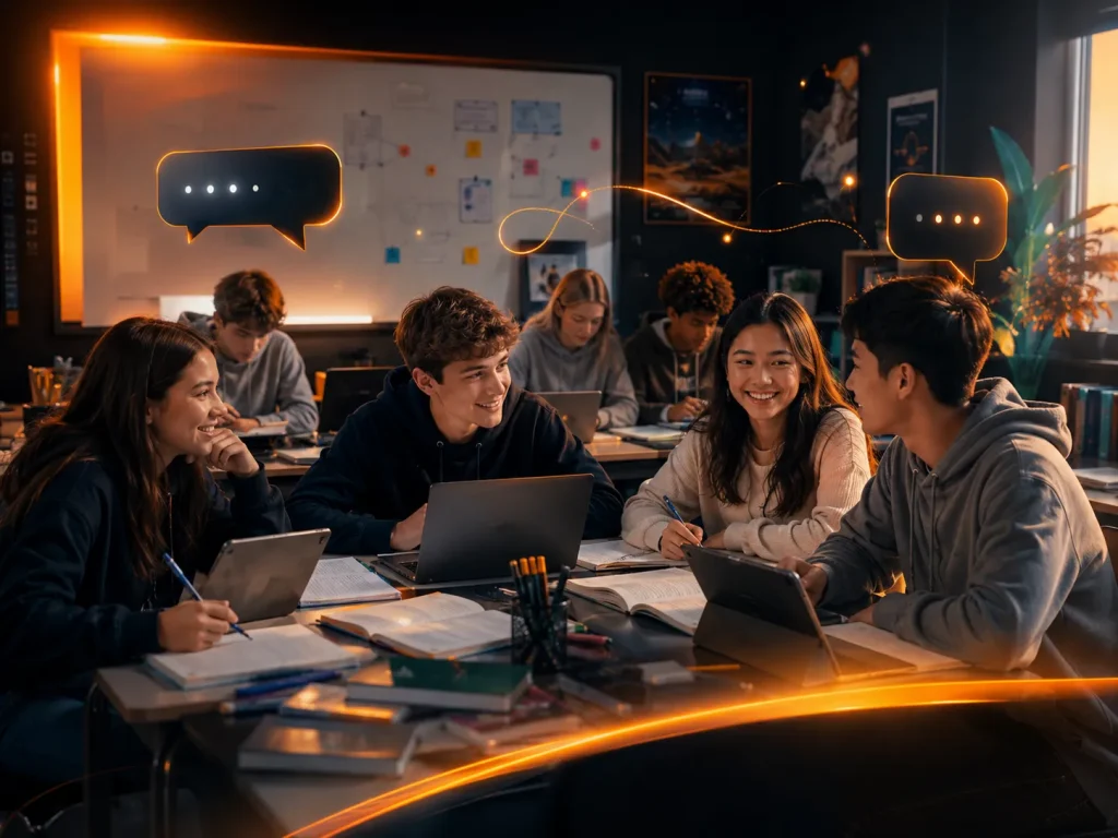 Teen Chat classroom scene with students using laptops and tablets for a safe group study discussion