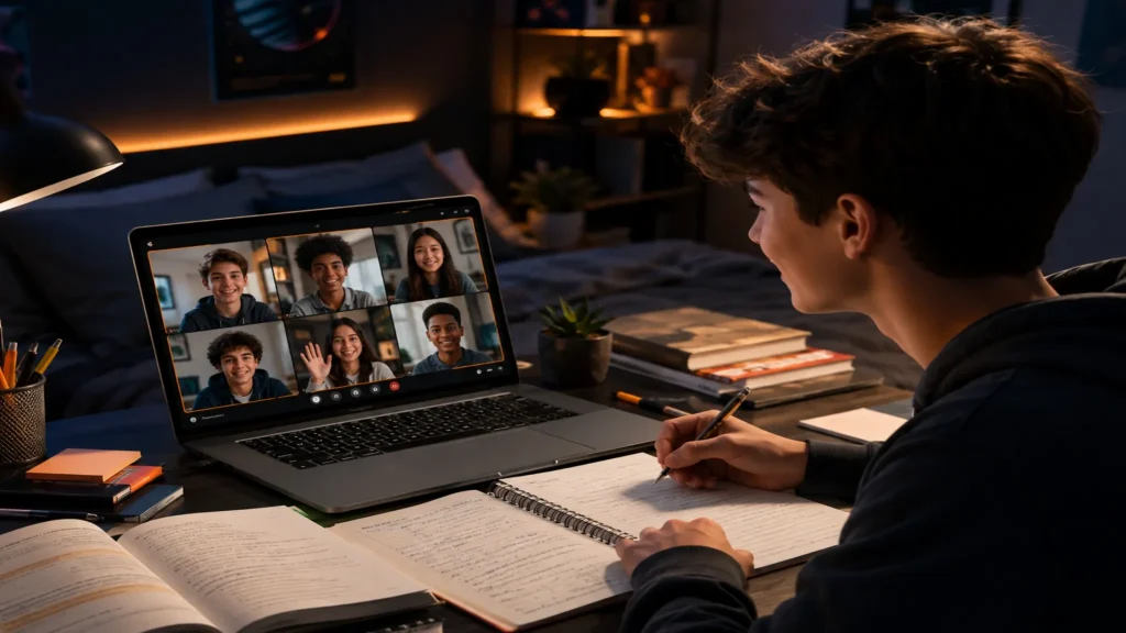 Teen Chat homework session with a student video chatting with classmates while writing notes at home