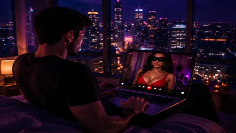 Trans sex chat scene with a man in a skyscraper bedroom video calling a woman wearing anonymous glasses