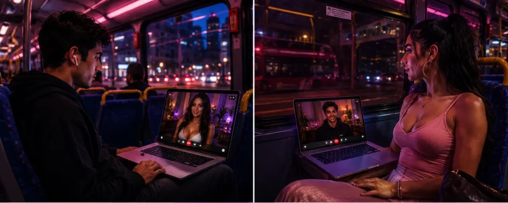 Transgender sex chat concept showing two adults video calling from different buses with neon pink and blue lighting