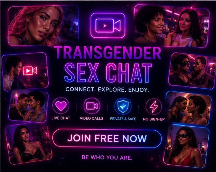 Transgender sex chat poster-style collage with private video call panels, neon chat icons, and safe adult chat visuals