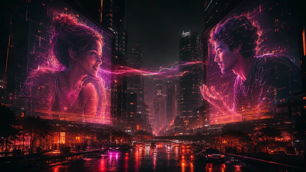 Video call strangers image with a man and woman projected on opposite city buildings in a neon night scene