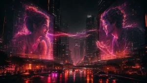 Video call strangers image with a man and woman projected on opposite city buildings in a neon night scene
