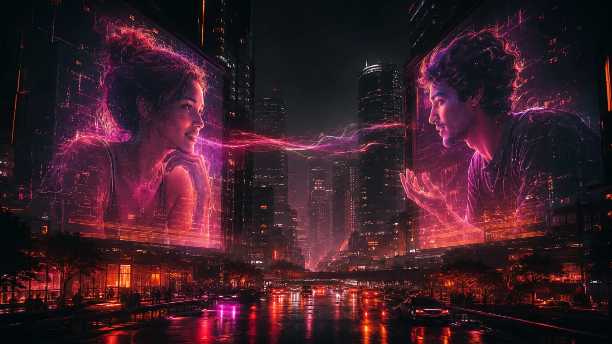 Video call strangers image with a man and woman projected on opposite city buildings in a neon night scene