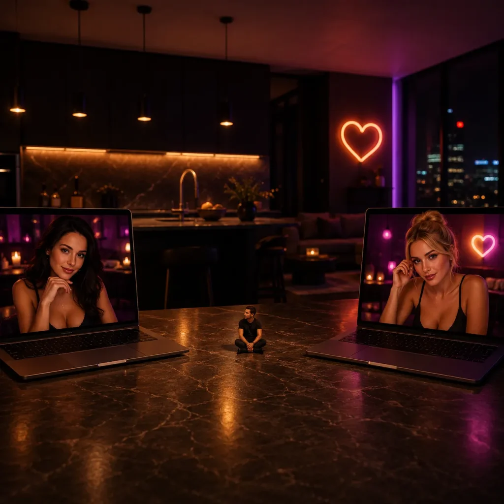 Video chat with strangers scene with two laptops on a kitchen table and a tiny man sitting between both screens