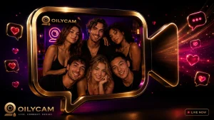 Webcam chat online app screens with OilyCam live chat features, rewards, and video profiles