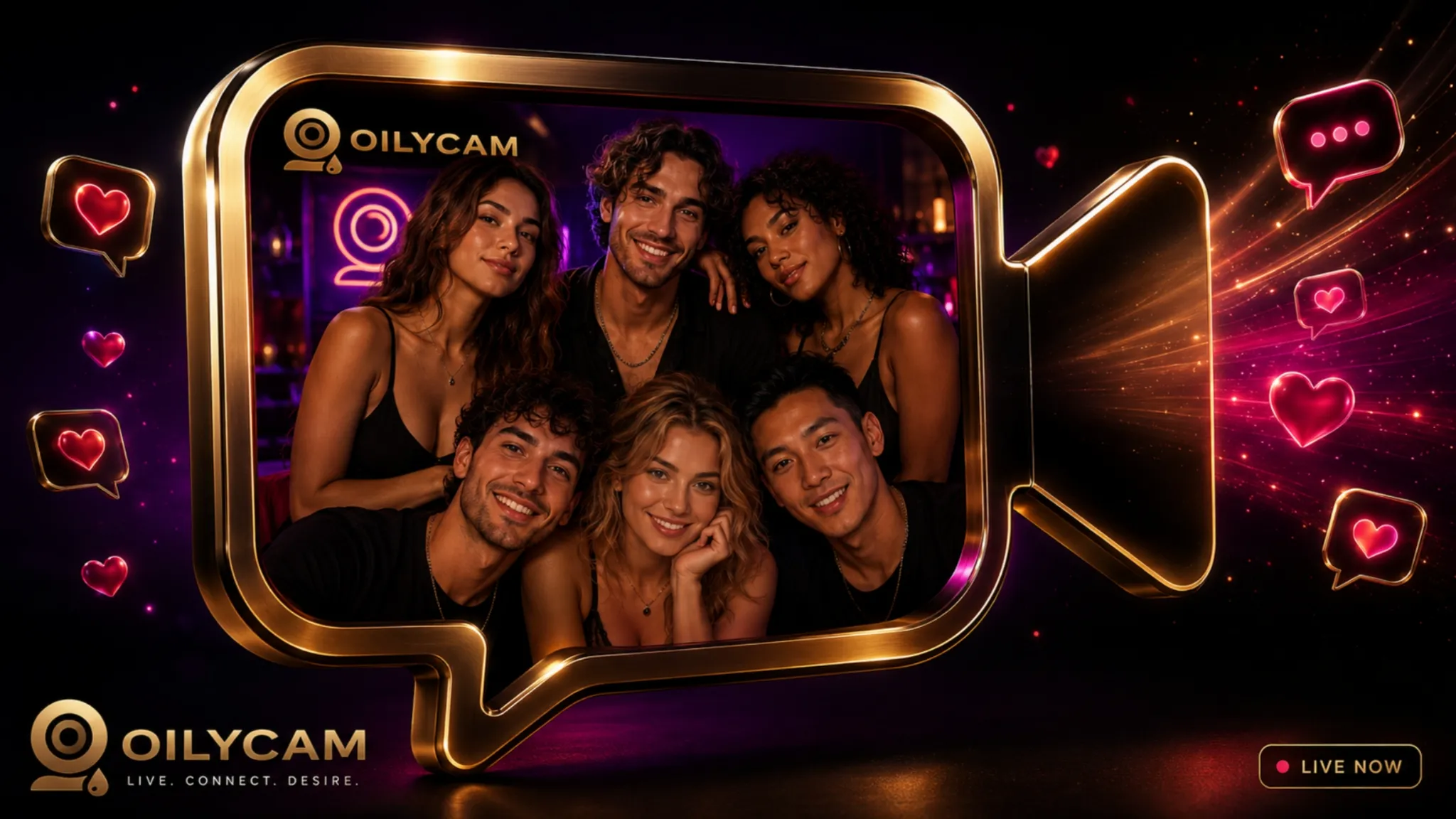 Webcam chat online app screens with OilyCam live chat features, rewards, and video profiles