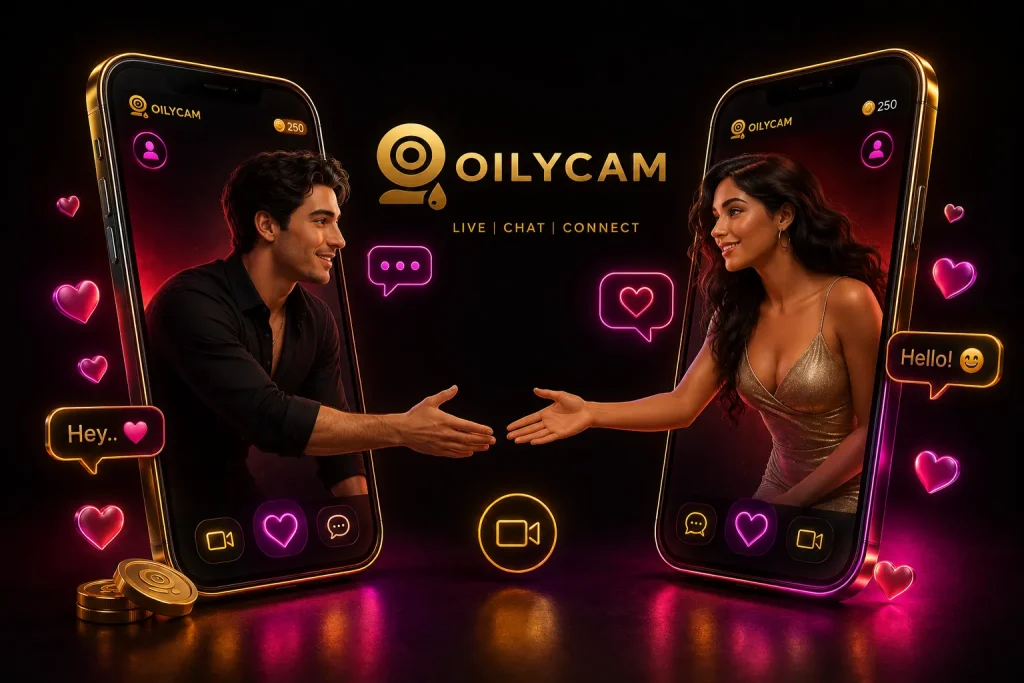 Webcam chat online concept showing a man and woman connecting through OilyCam mobile screens