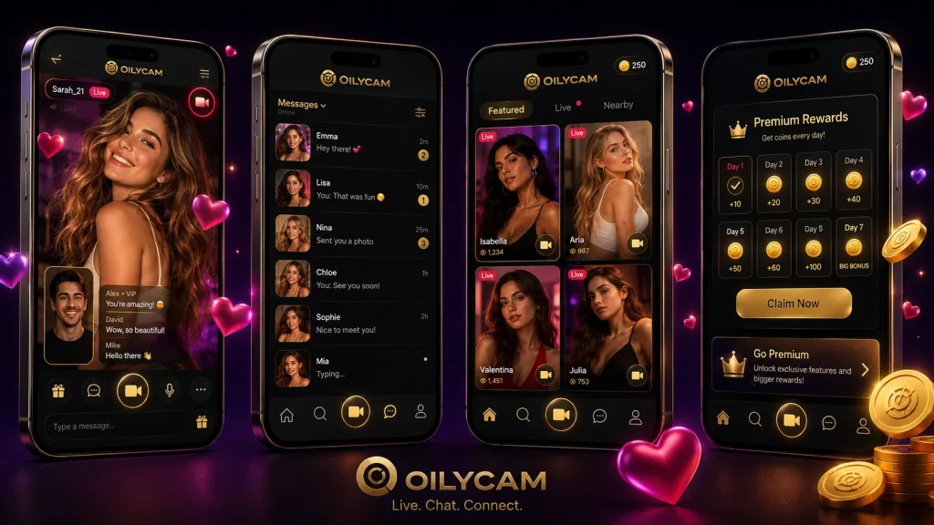 Webcam chat online group call illustration with OilyCam branding and neon hearts