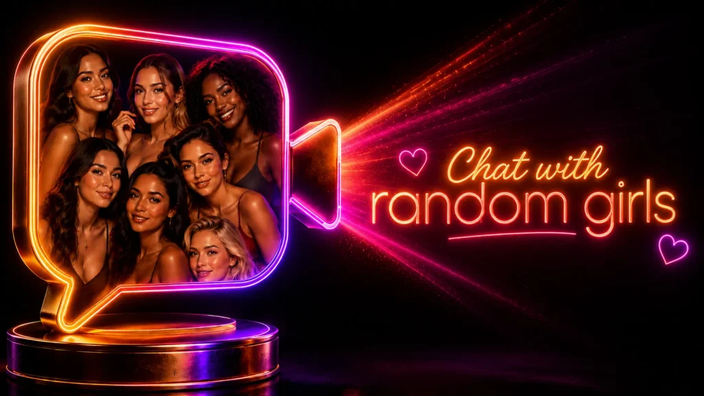 Chat with random girls shown through a large neon video recorder filled with women in an OilyCam-style black and gold theme